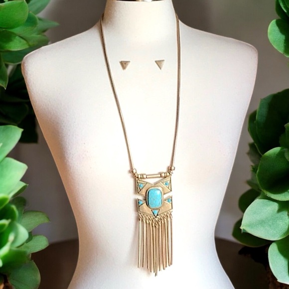 Gold Turquoise Fringe Necklace & Earring Set - Picture 13 of 16